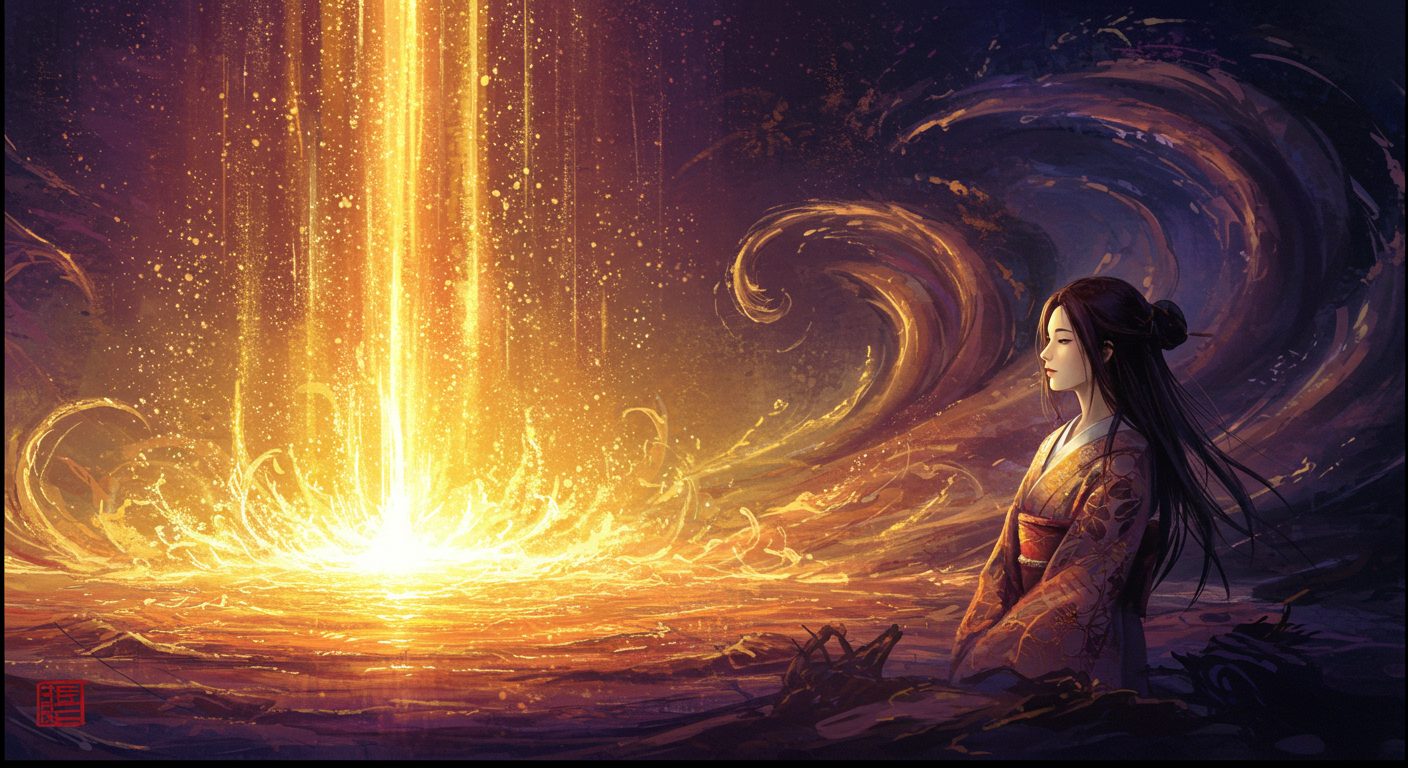 光の粒子が上昇していく様子を捉えた幻想的な抽象画。一人の日本人女性が、その光の道を見つめている。