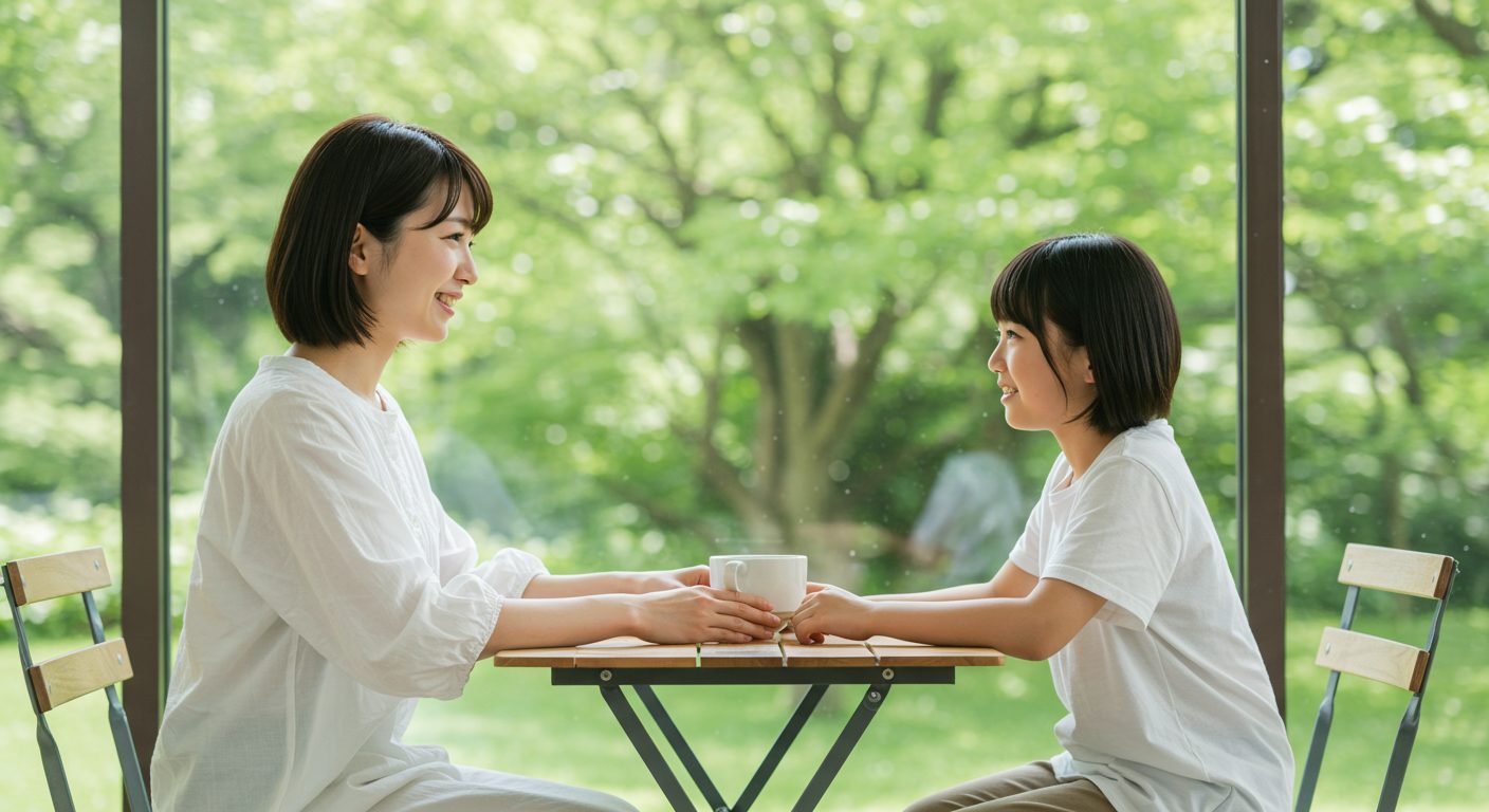 ママ友関係から解放され、穏やかな表情で子どもの手を引く30代の日本人女性