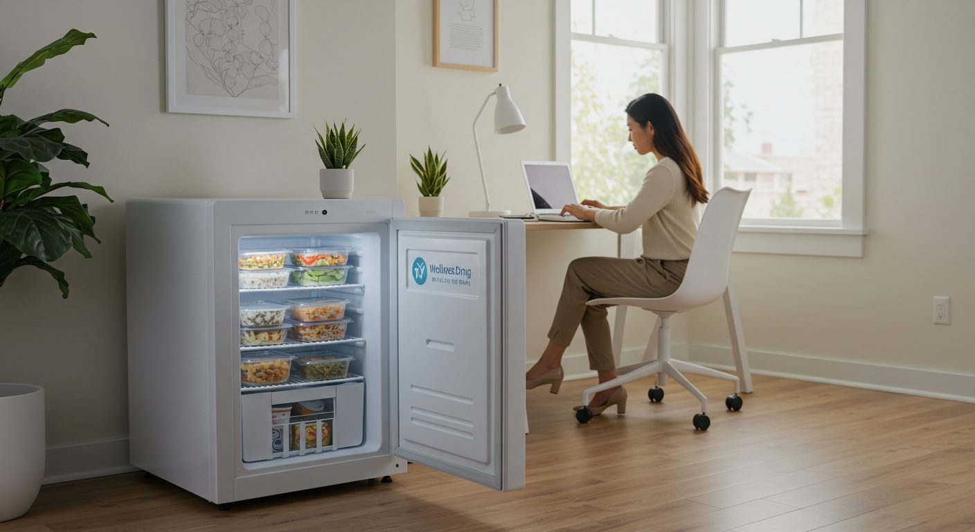 単身赴任先の小さな冷凍庫にウェルネスダイニングの宅配食が綺麗に収納されている様子。