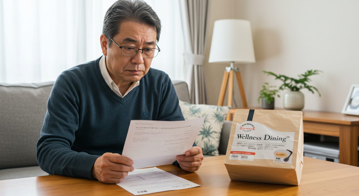 健康診断の結果を見て、ウェルネスダイニングに希望を見出す50代男性