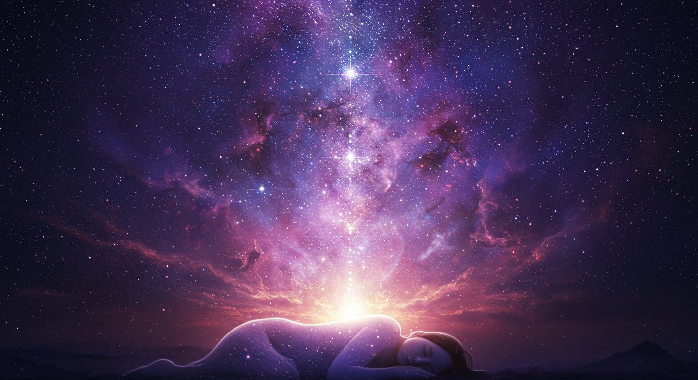 星のしずくヒーリングを受け、魂が高次元へと旅立つ様子を象徴する幻想的なイメージ