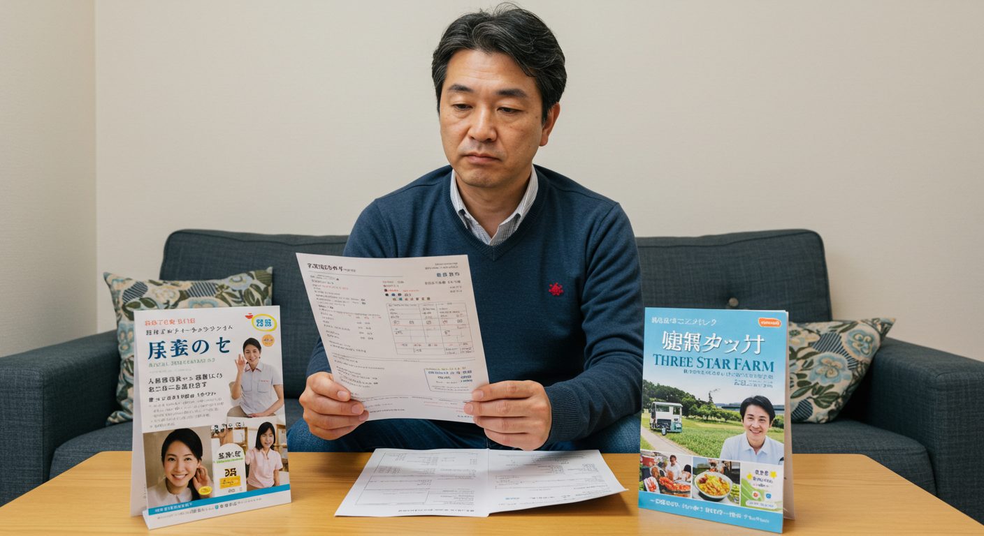 健康診断の結果を見て、ウェルネスダイニングと三ツ星ファームを比較検討する40代男性